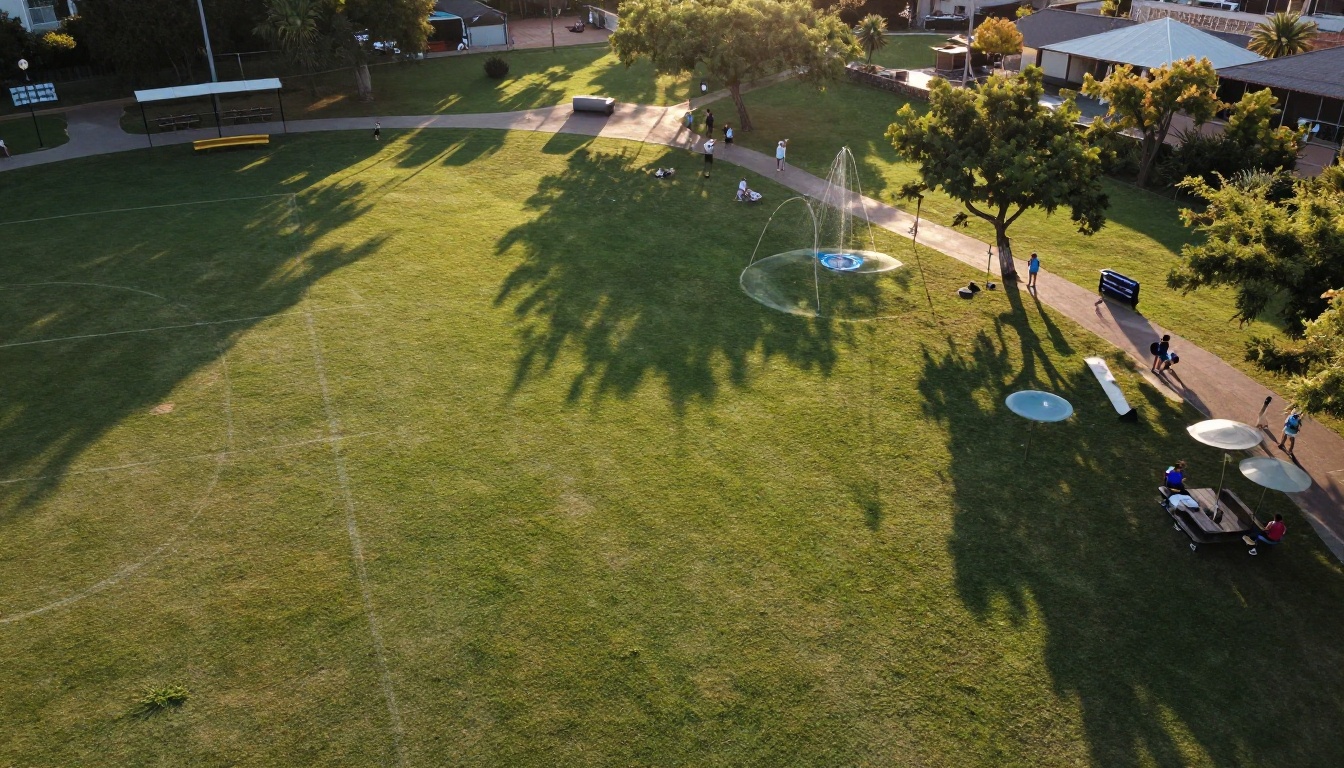Aerial view of a community park with fields, walking loops, and a splash pad