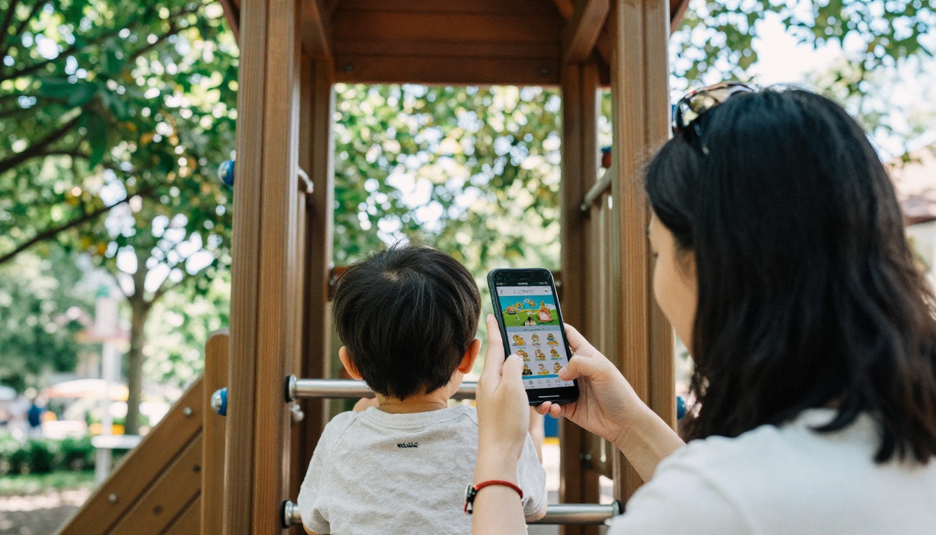 Mother using her phone at a playground while her child climbs