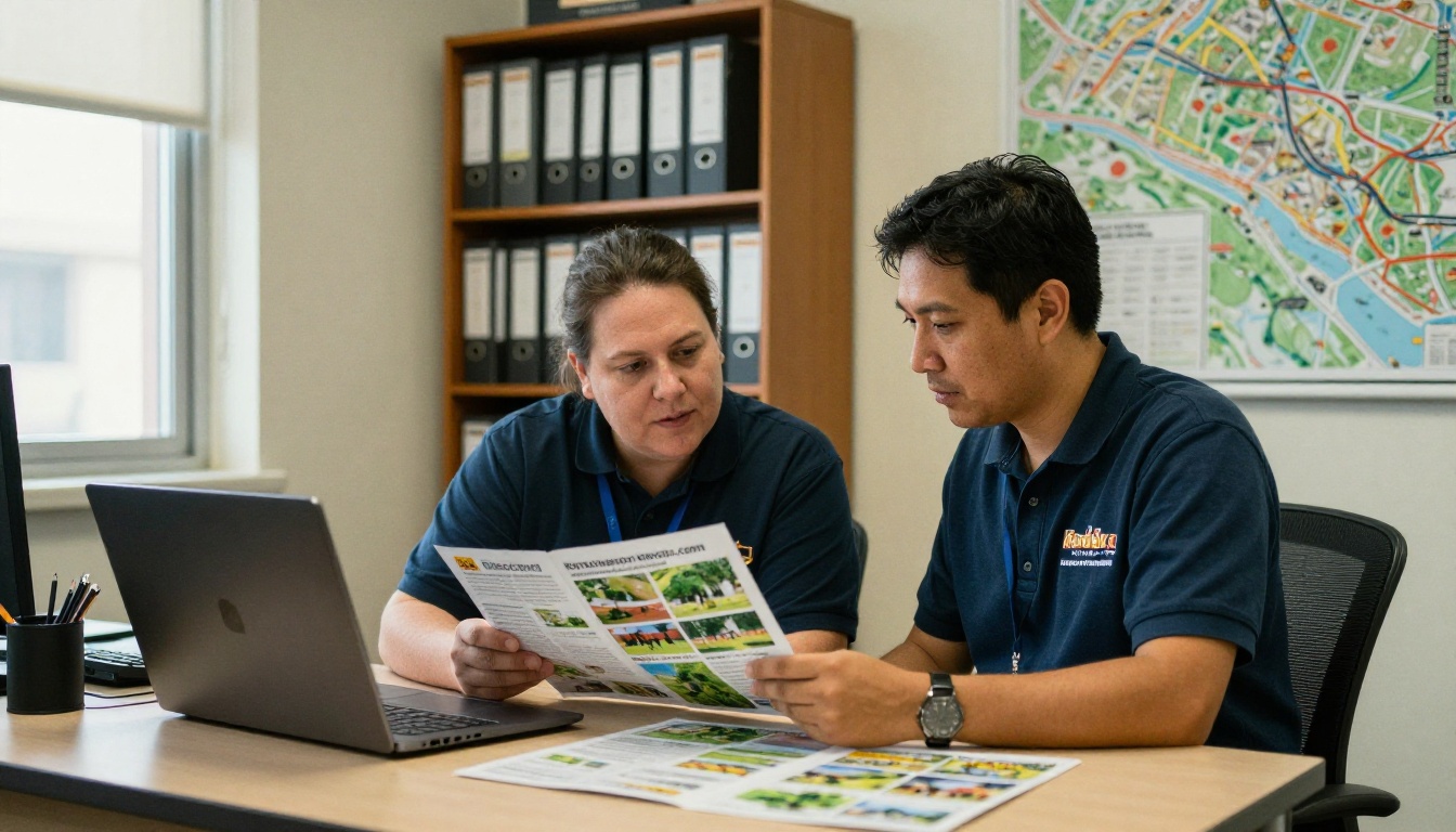 Staff members reviewing a printed park brochure at a municipal office