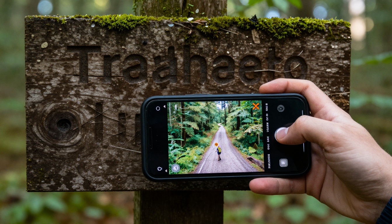 Hand holding a phone showing a trail map at a trailhead sign