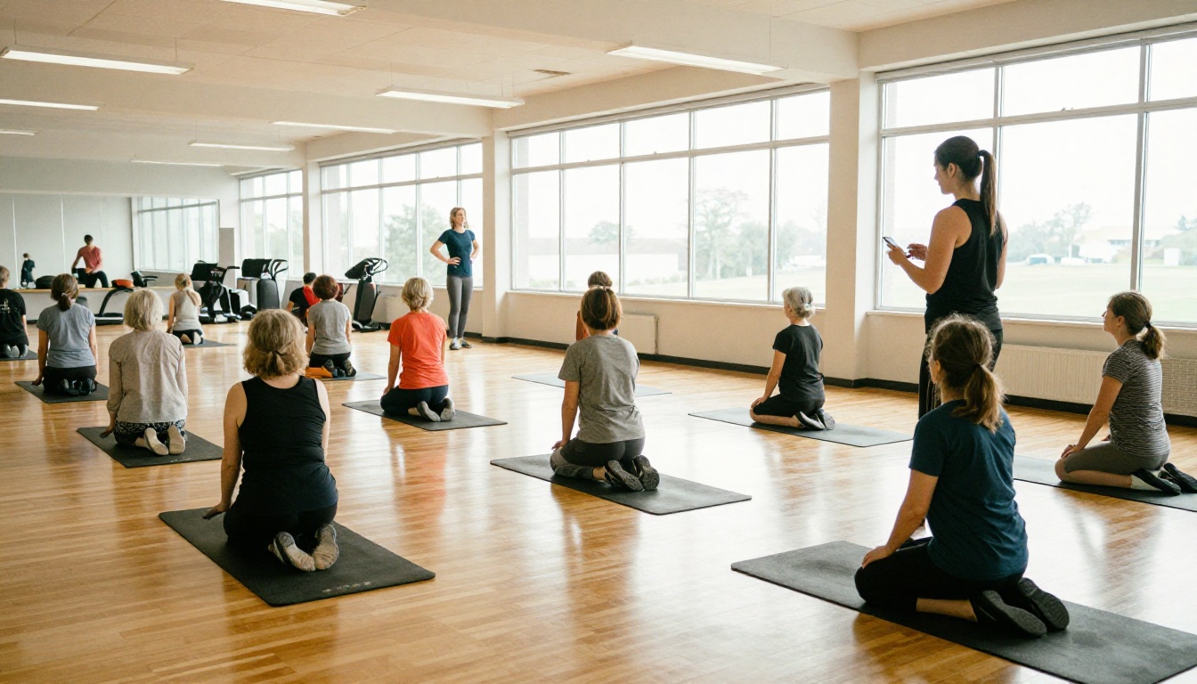 Seniors in a bright community center fitness class