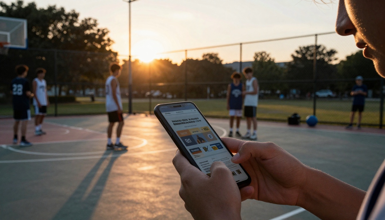 Teenagers on a basketball court at dusk checking a phone