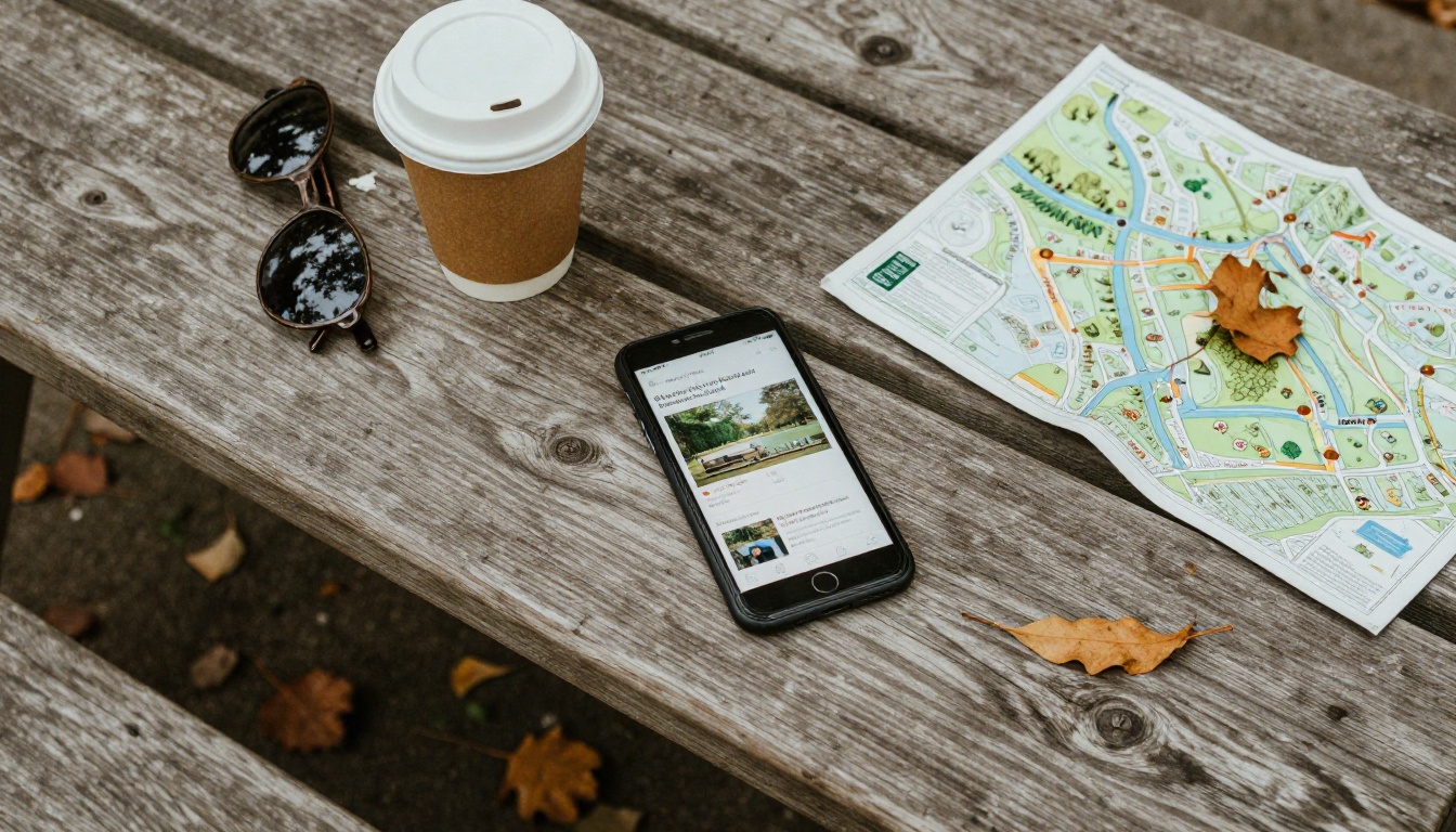 Overhead view of a picnic table with a phone showing a park event brochure