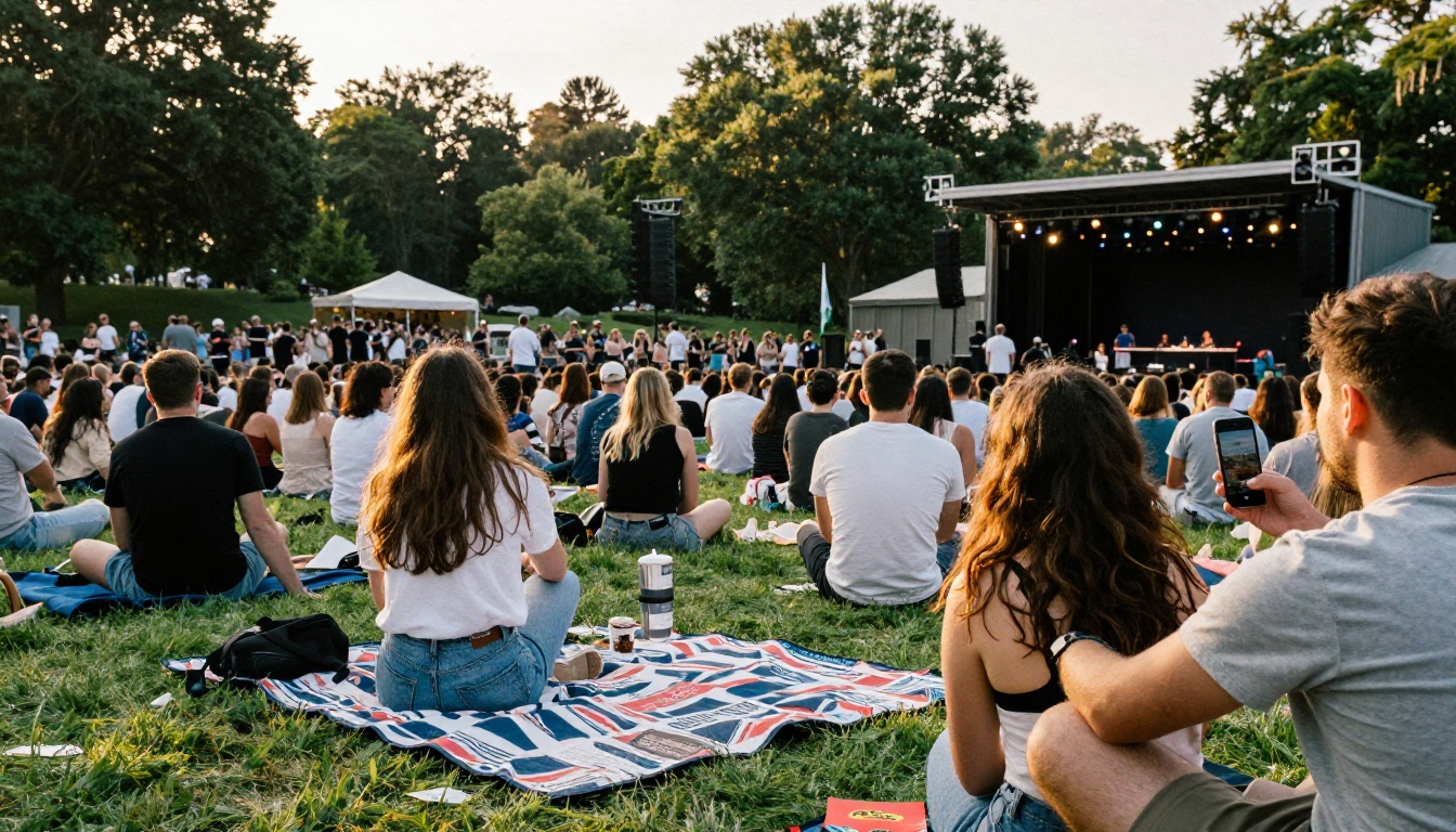 Crowd at an outdoor summer concert in a park amphitheater