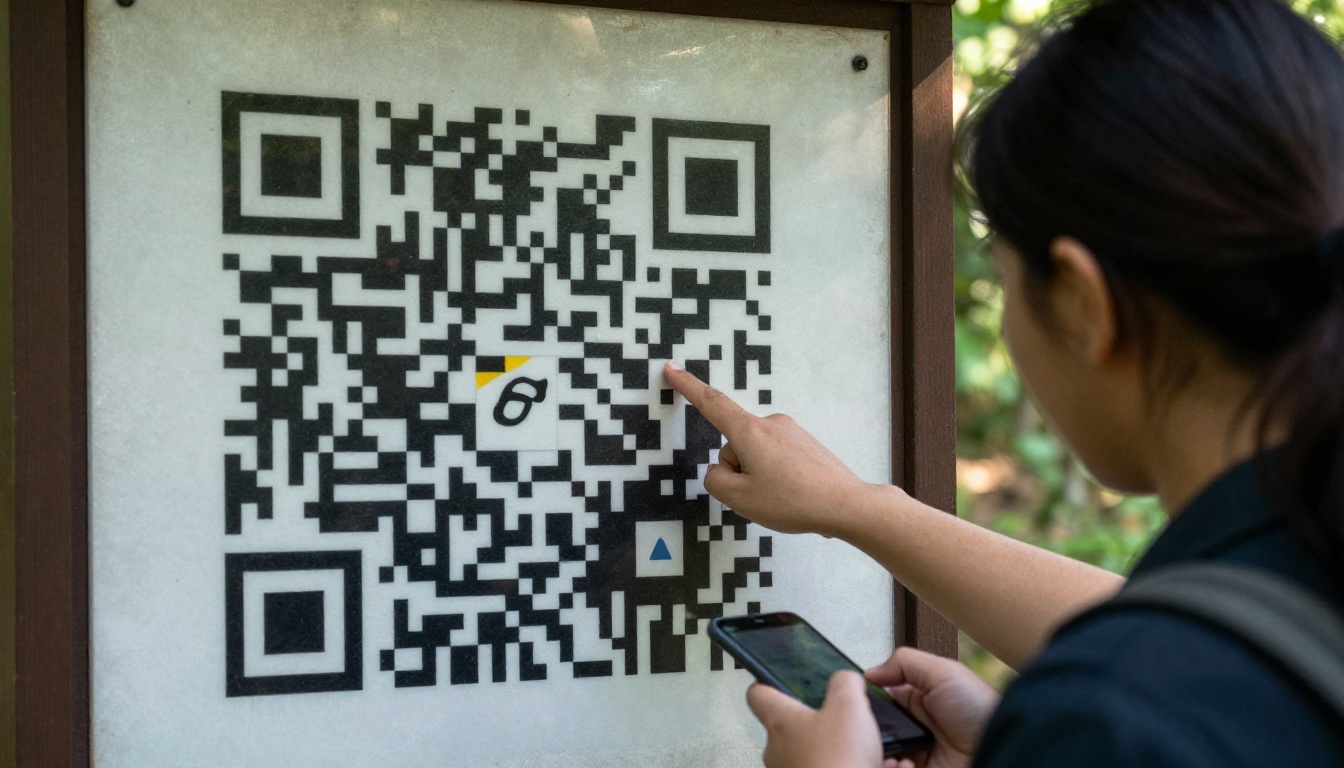 Park ranger and visitor scanning a QR code at a kiosk