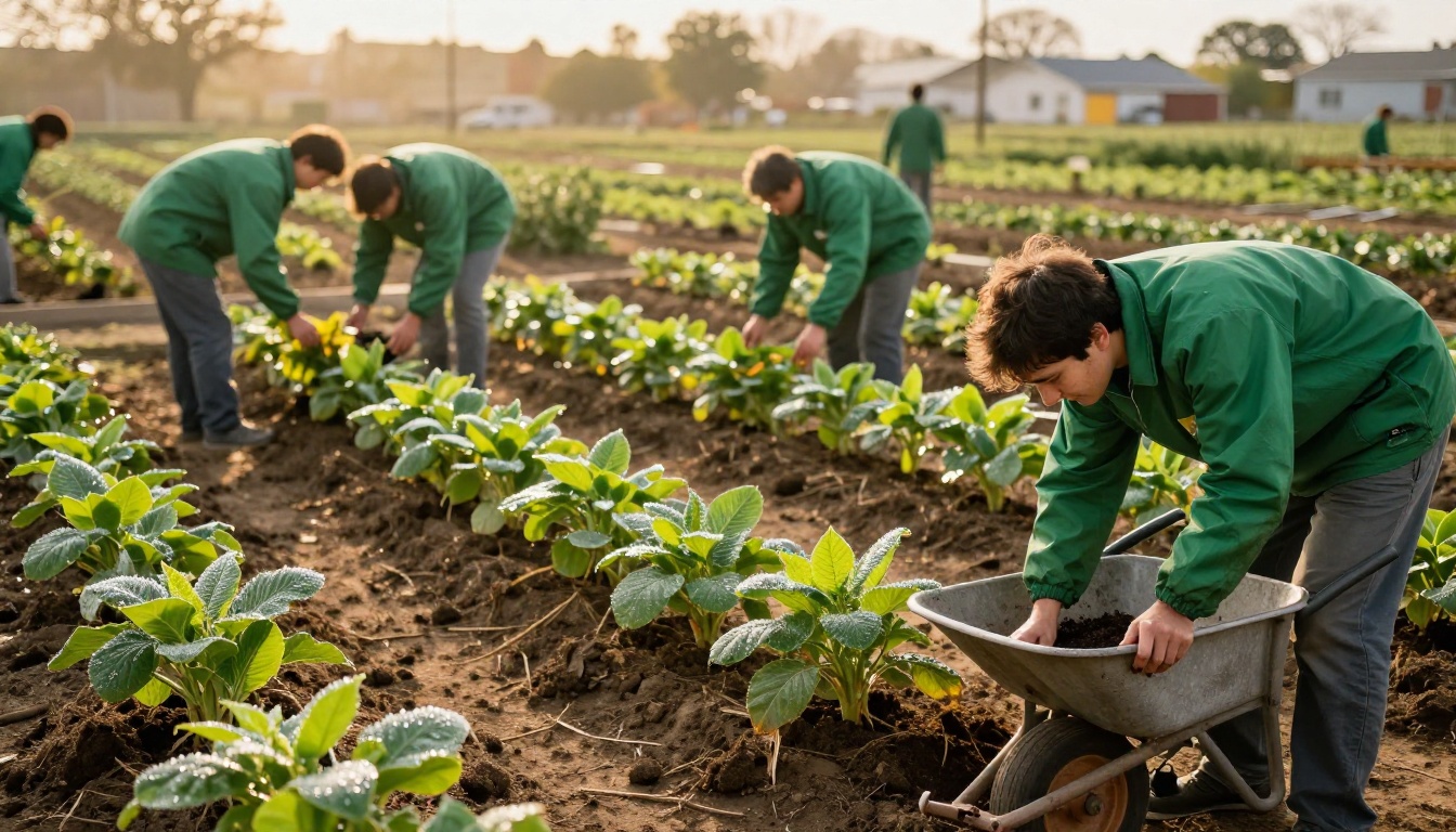 Volunteers planting seedlings in a community garden