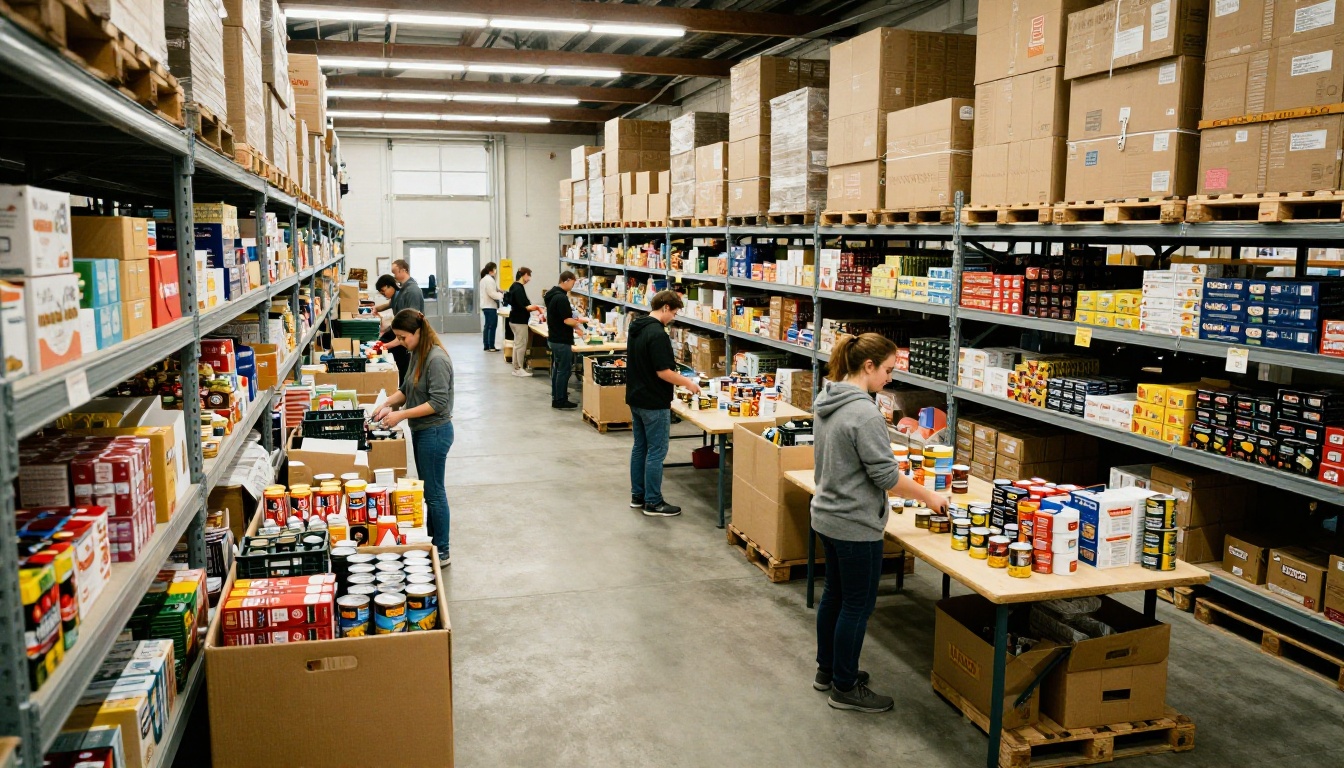 Aerial view of volunteers sorting food in a winter warehouse
