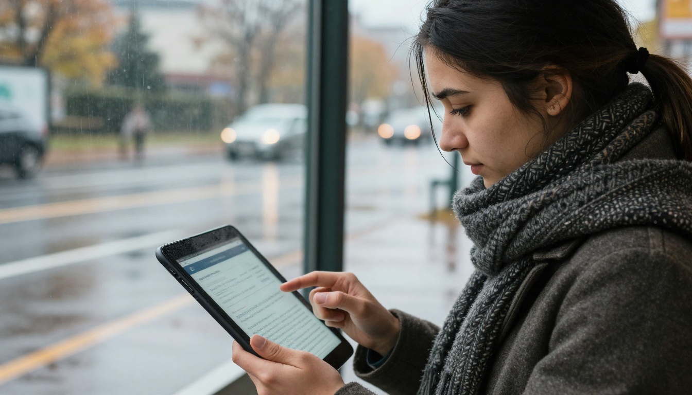 Volunteer reading a digital handbook on a tablet in the rain