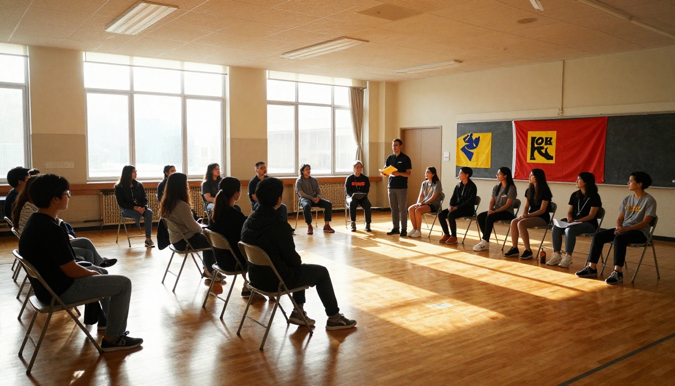 Volunteer orientation session in a school gym