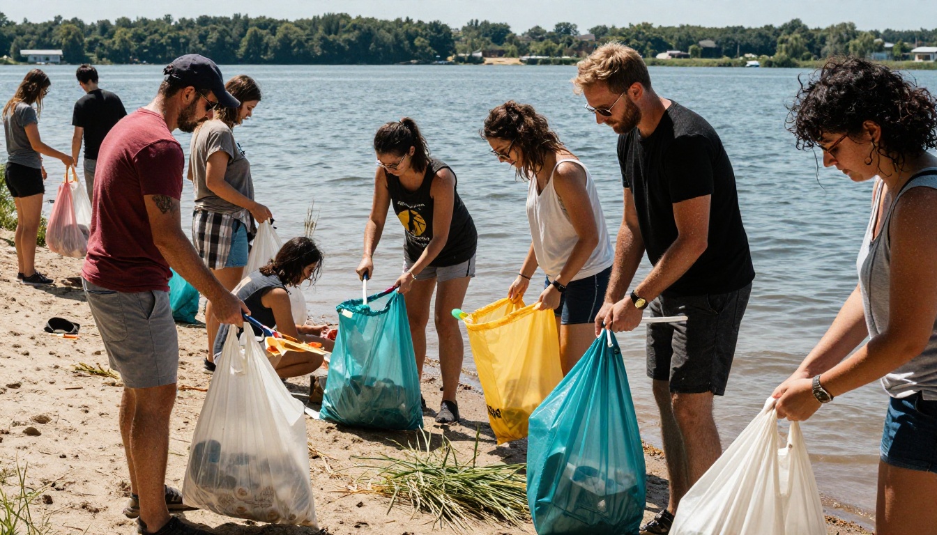 Volunteers on a lakeside cleanup with reusable bags