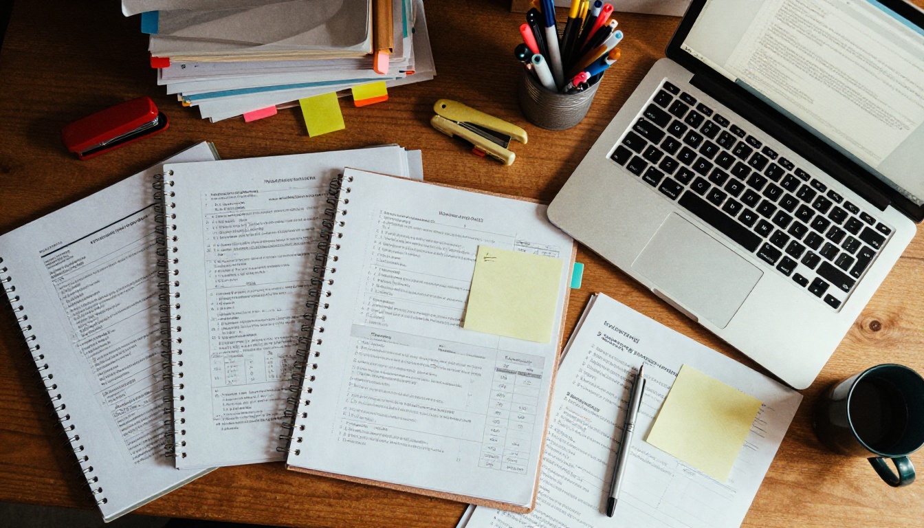 Messy desk covered with open lab manual binders and loose photocopied sheets