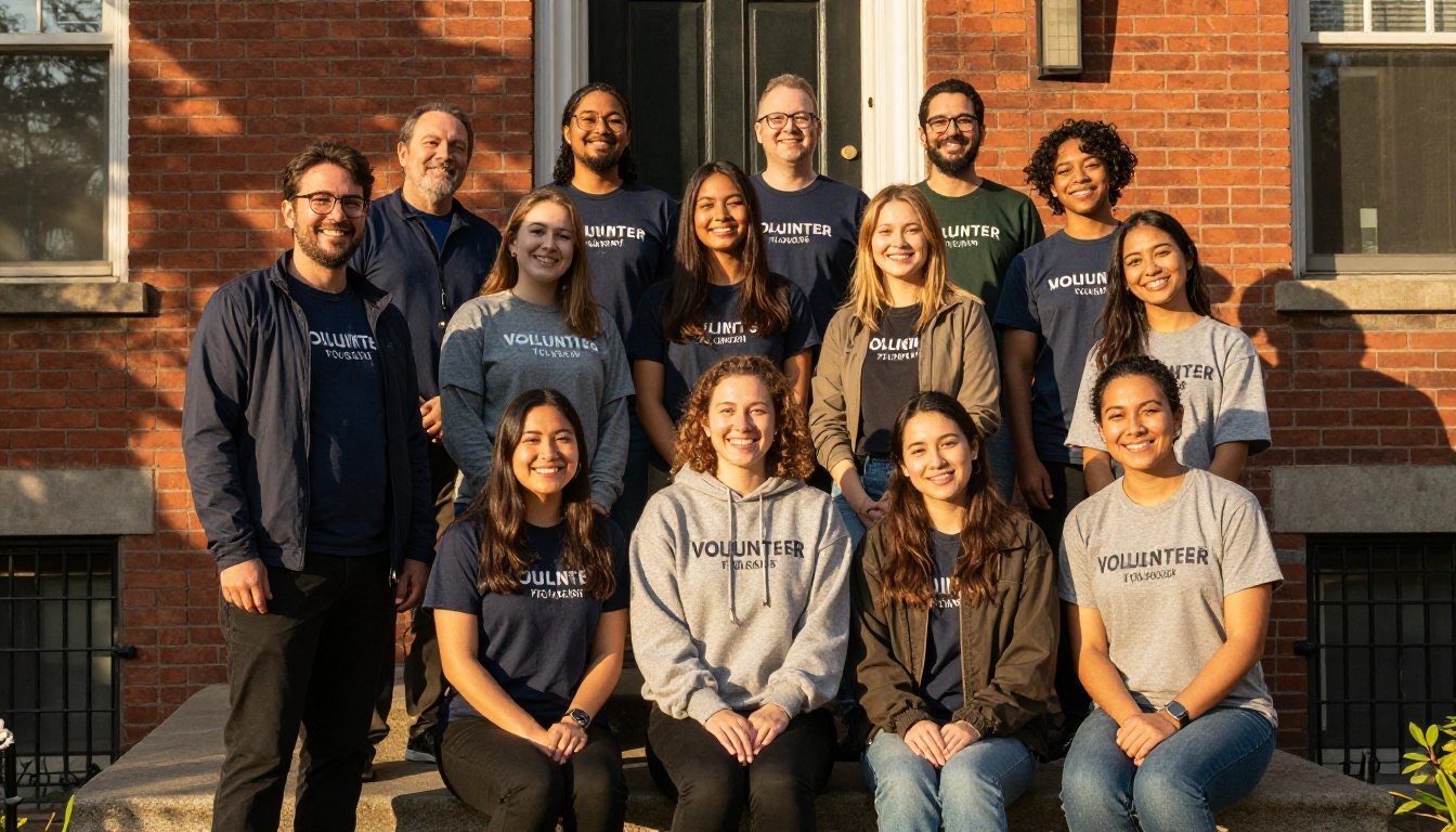Diverse nonprofit volunteer team smiling on the steps of a brick building