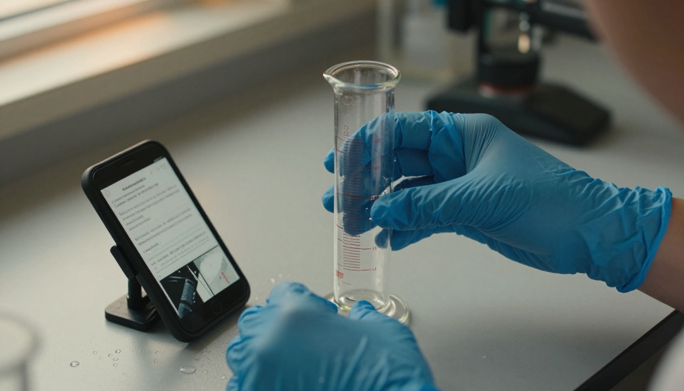 Student hands in blue gloves holding a graduated cylinder next to a phone showing a lab procedure