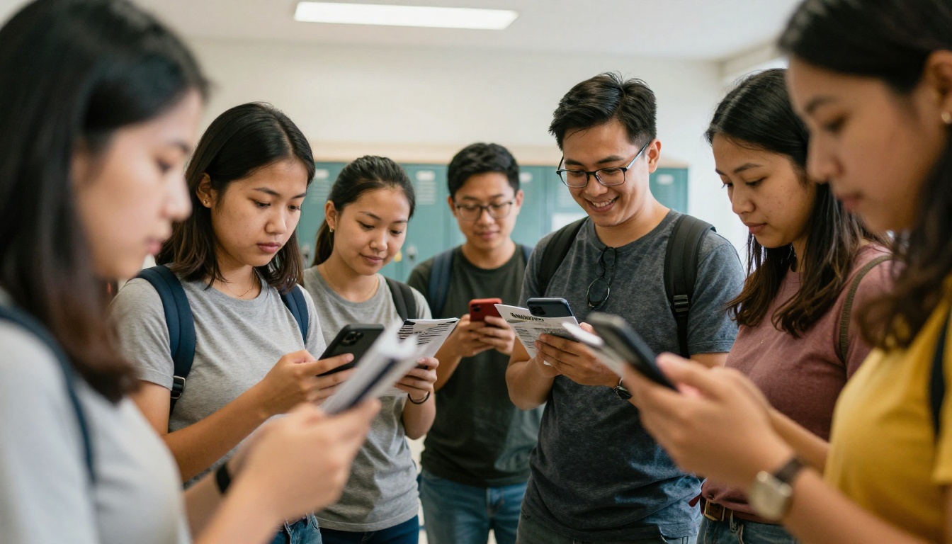 Parents reading school newsletters on their phones in a hallway