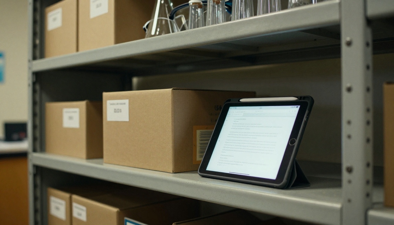 Low angle view of a school supply room shelf stacked with dusty course binders