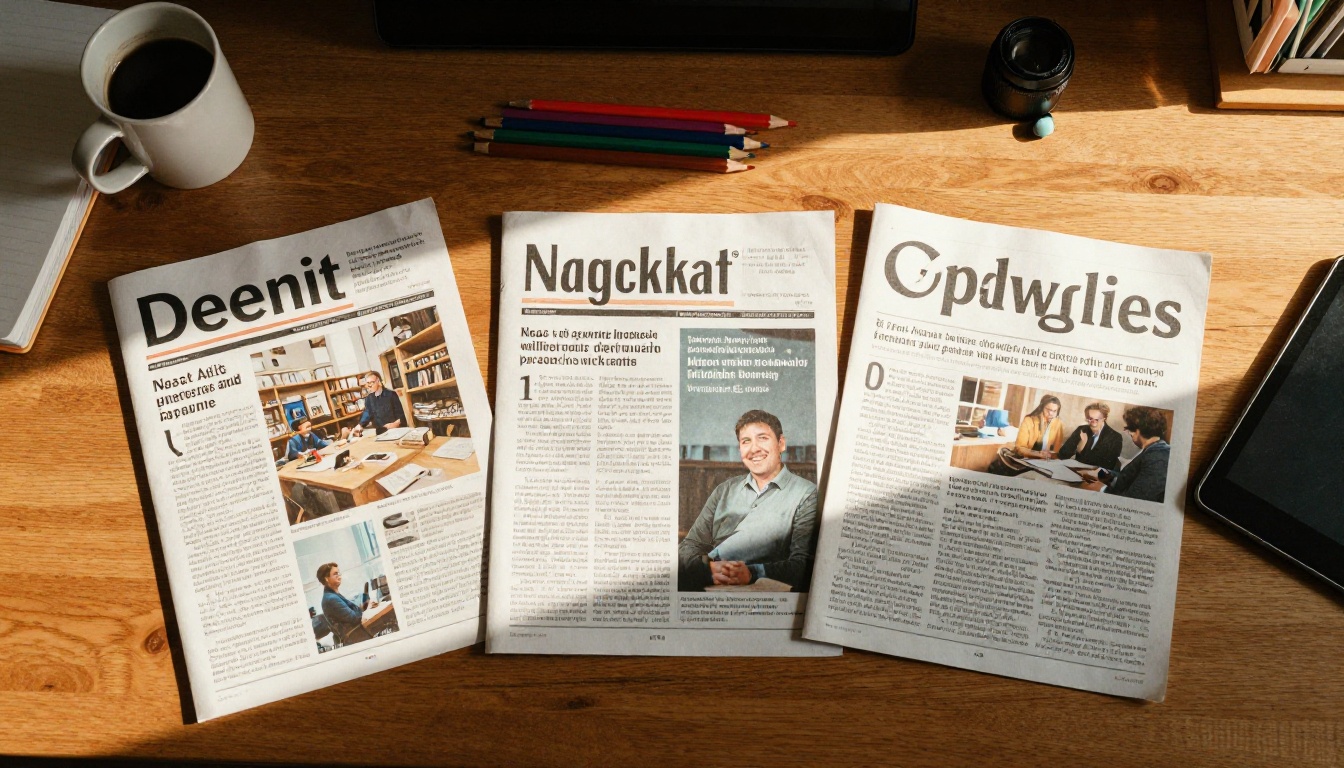 A teacher's desk seen from above with newsletters in three languages, a notebook and a tablet