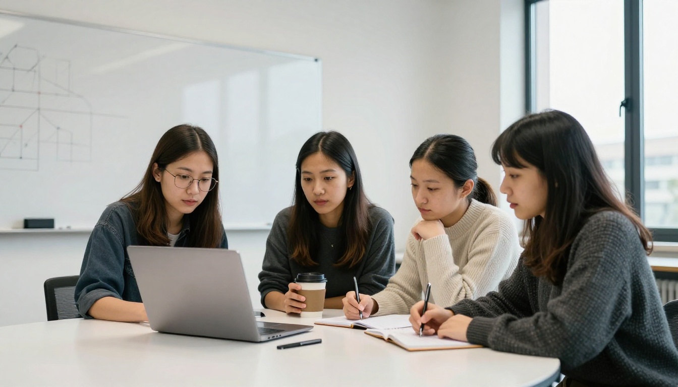 Three science teachers discussing a lab manual on a laptop around a table in a faculty room