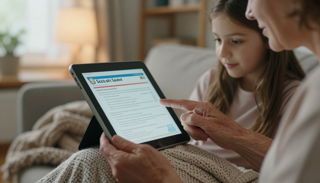 A grandmother and her granddaughter reading a school newsletter on a tablet