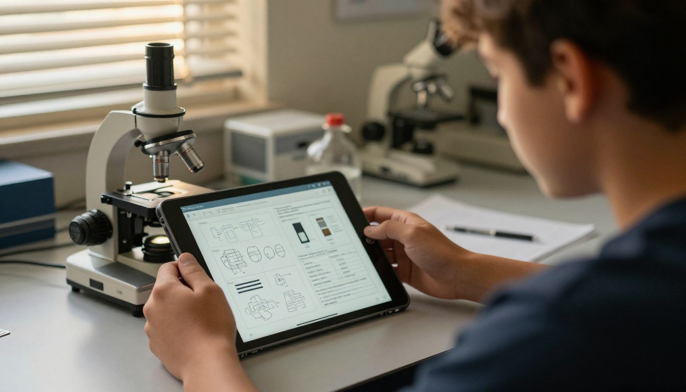 Student with a tablet leaning against a microscope showing a lab manual page