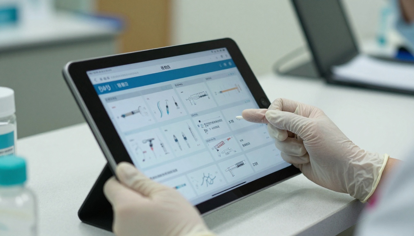 Clinic nurse scrolling a digital product catalog on a tablet at the front desk