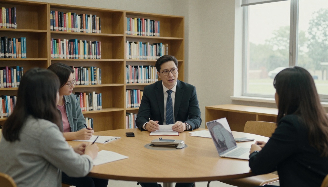 A school principal meeting with a translator and two parents at a library table