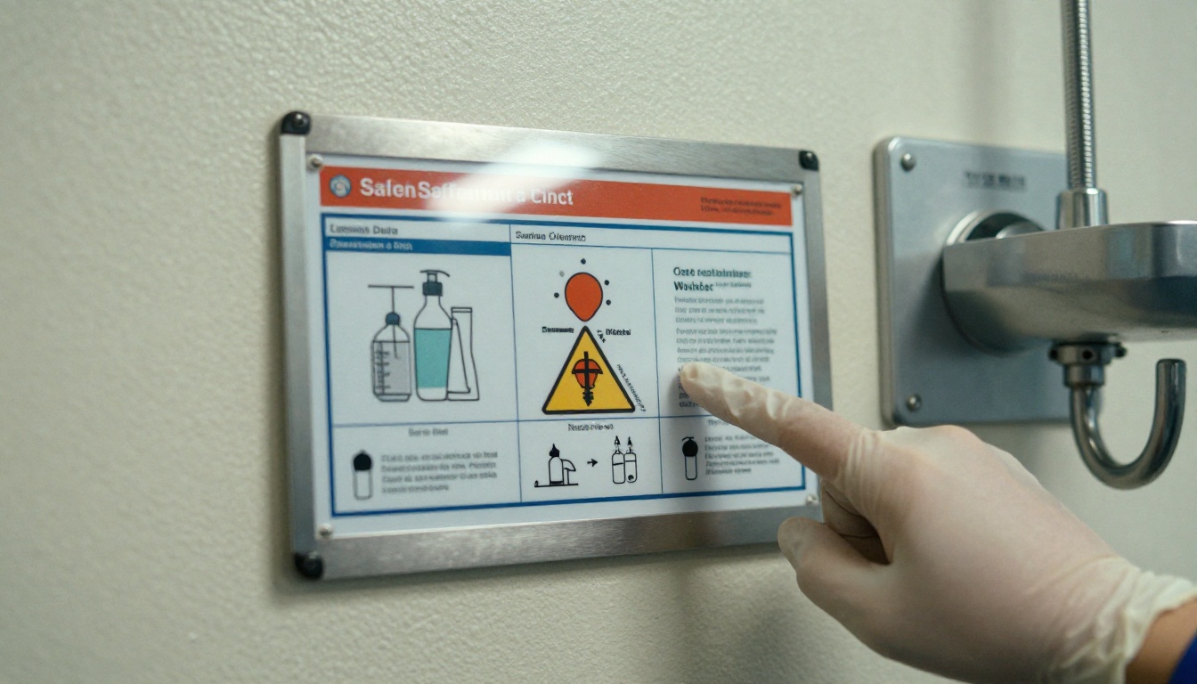 Lab safety station with eyewash and laminated hazard poster next to a gloved hand