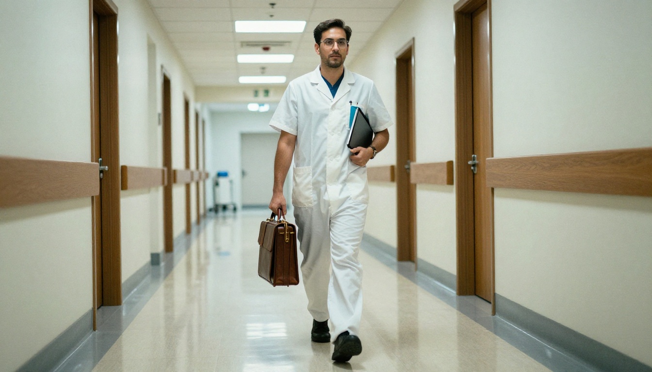 Rep walking through a hospital corridor with a tablet and briefcase