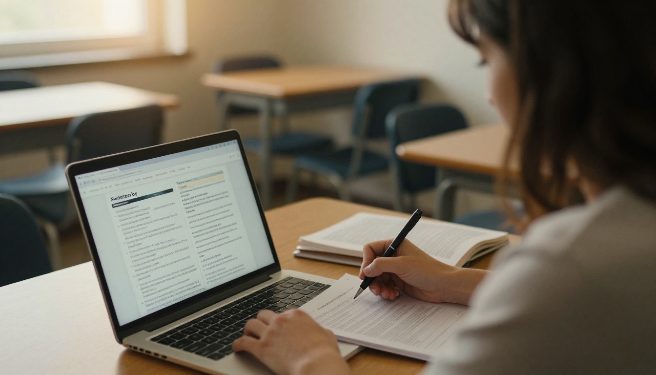 A teacher writing a newsletter at a laptop with a dictionary open beside her