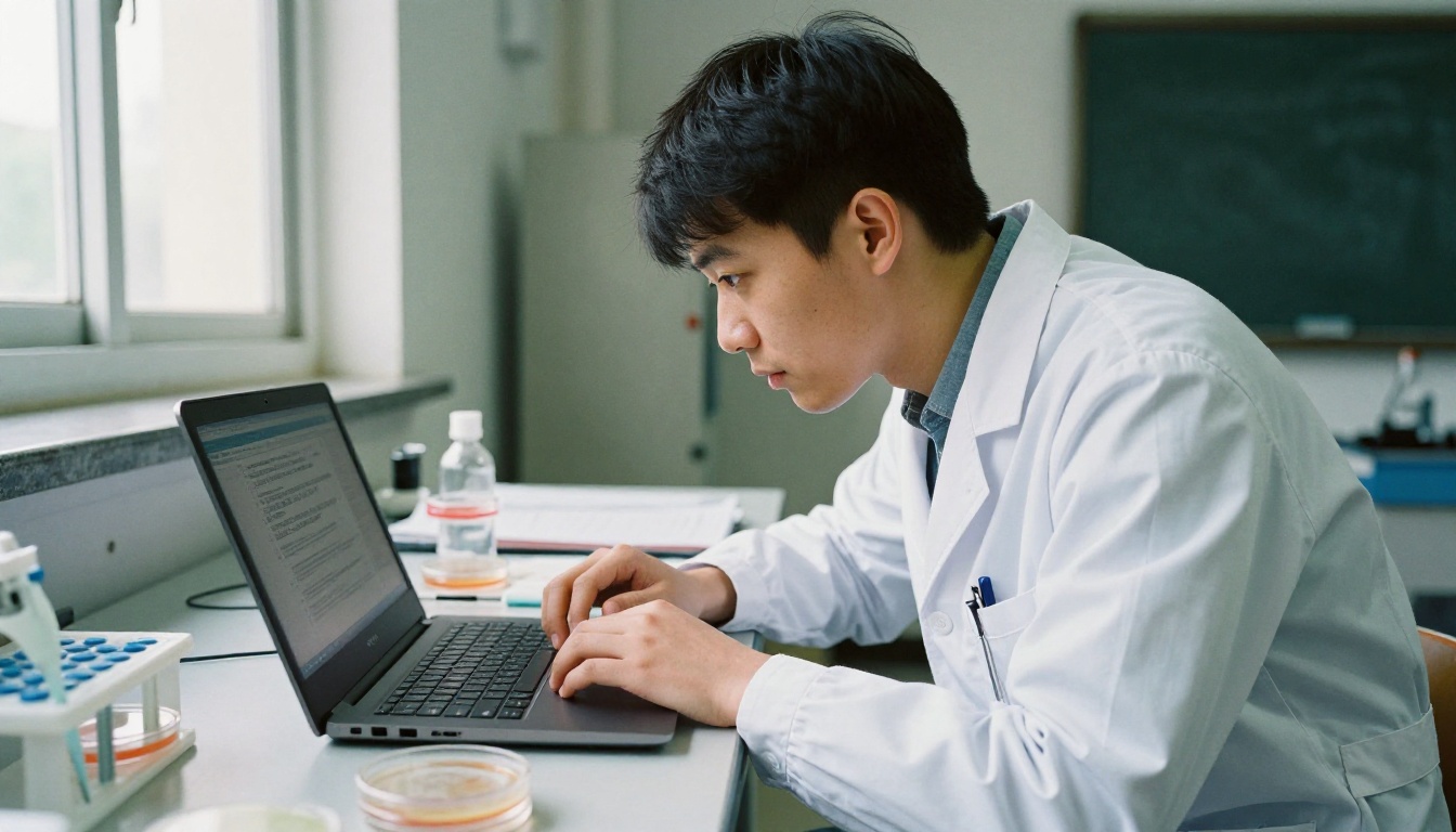 Teaching assistant helping a student read a lab protocol on a laptop beside petri dishes