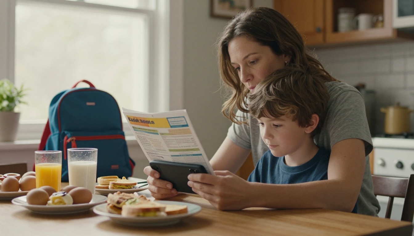 A mother and son reading a school newsletter together at a kitchen table