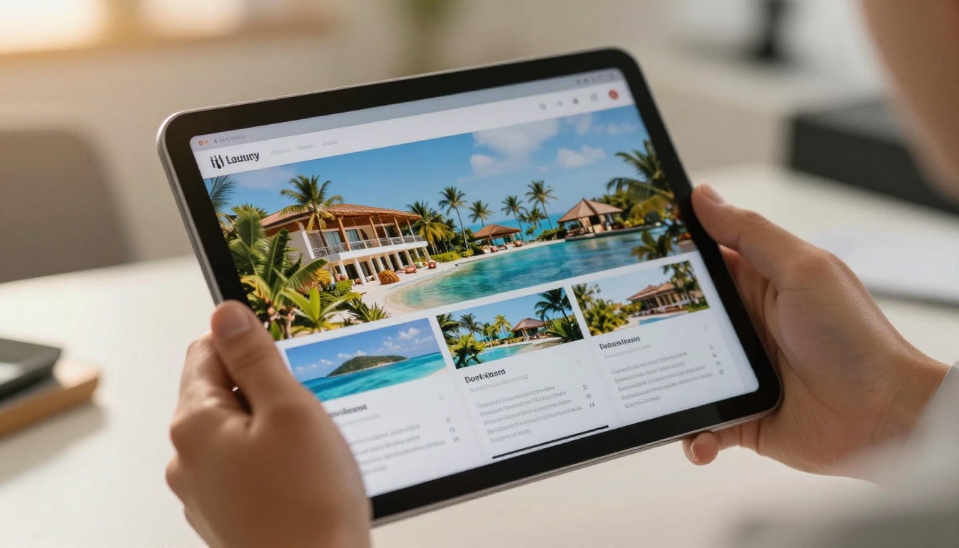 Tablet showing a digital incentive brochure of a luxury island resort