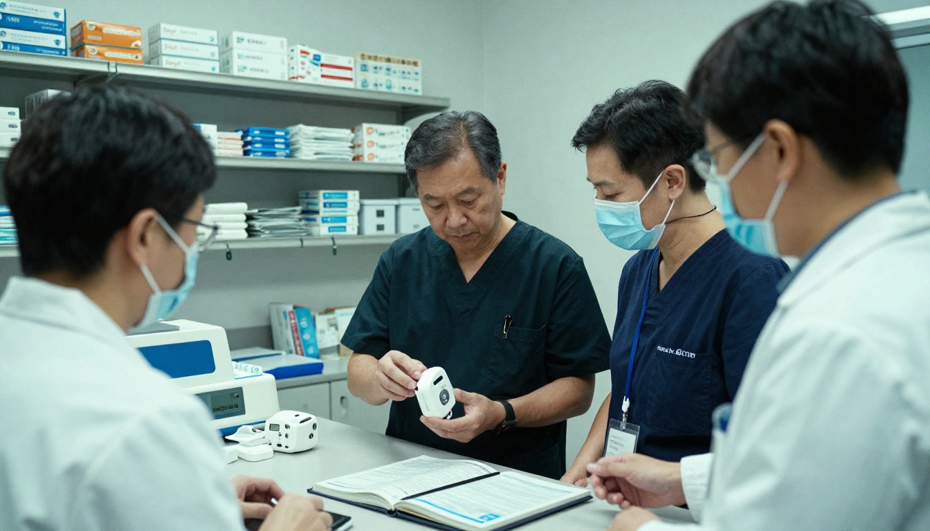 Rep and clinicians examining a surgical device with a catalog open on a tablet