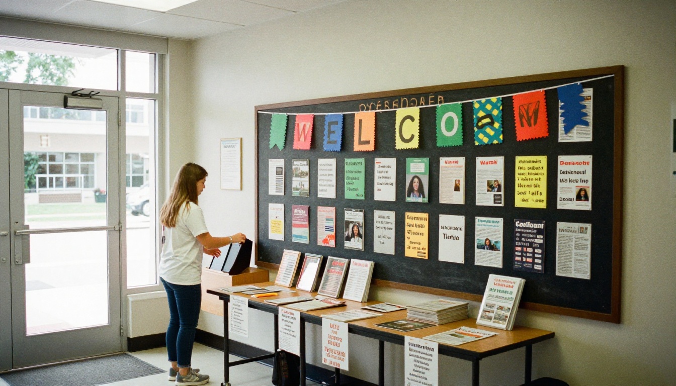 A school lobby with newsletters displayed in several languages and a volunteer greeting families