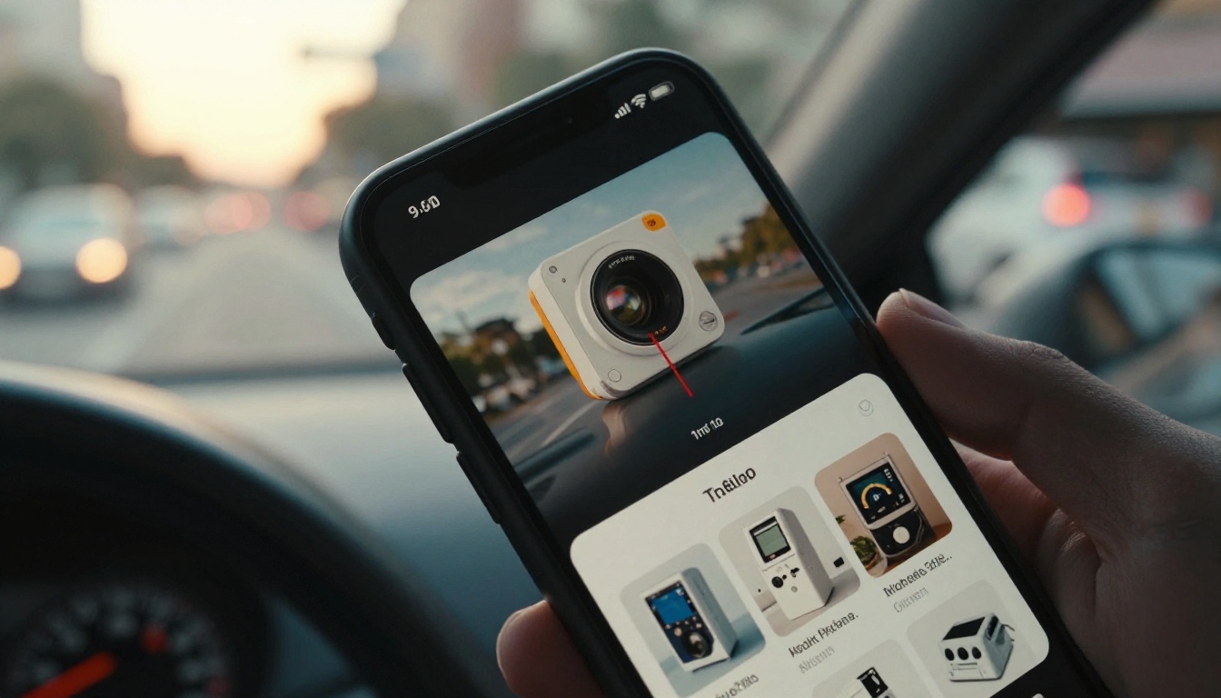 Phone showing a mobile product catalog inside a car
