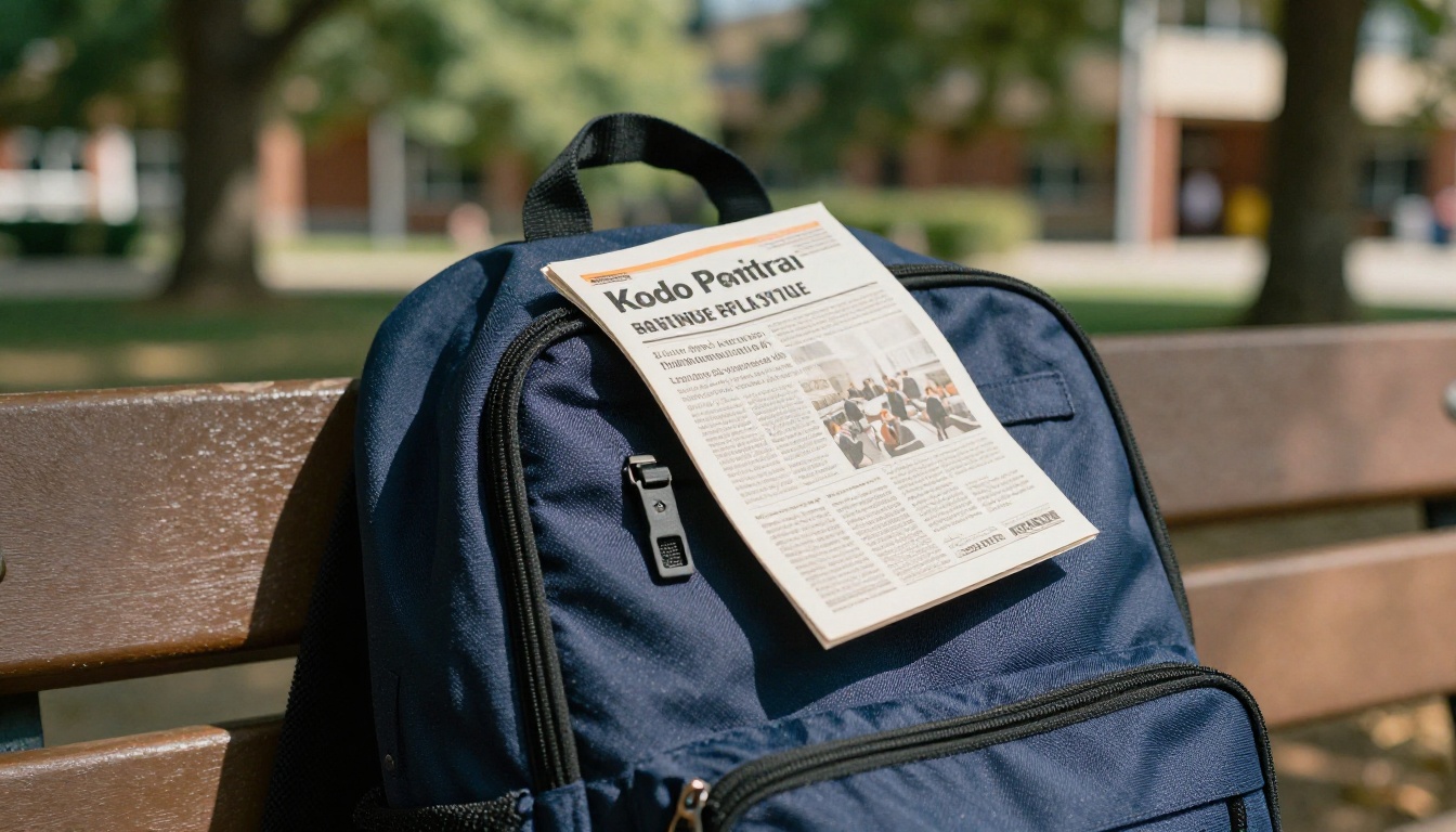 A student backpack on a bench with a folded newsletter sticking out of a pocket
