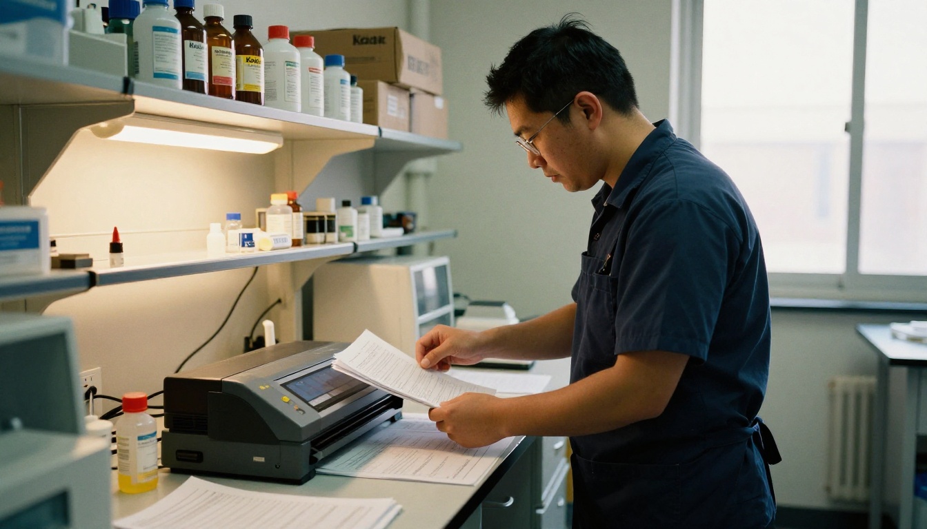 Lab technician scanning printed procedures on a flatbed scanner in a prep room