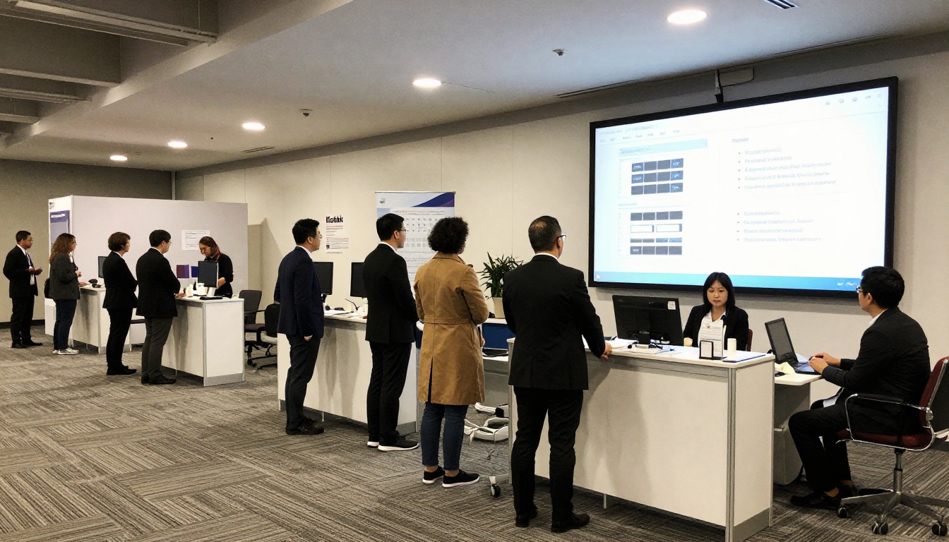 Wide view of a medical conference booth with a monitor showing a catalog