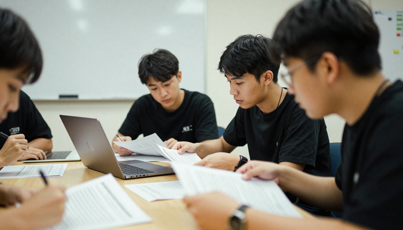 A school communications team reviewing printed proofs and a laptop around a table
