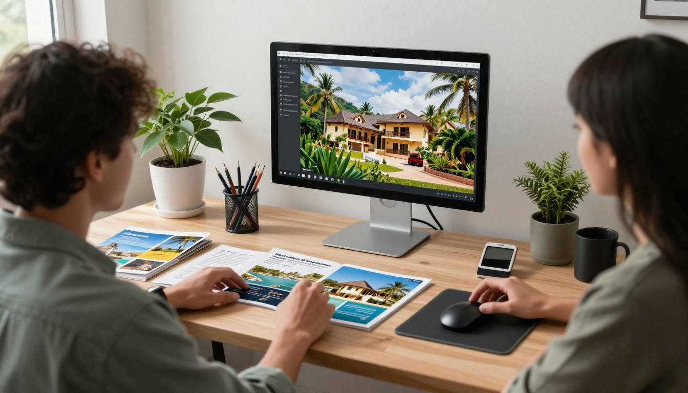 Graphic designer laying out a travel brochure on dual monitors