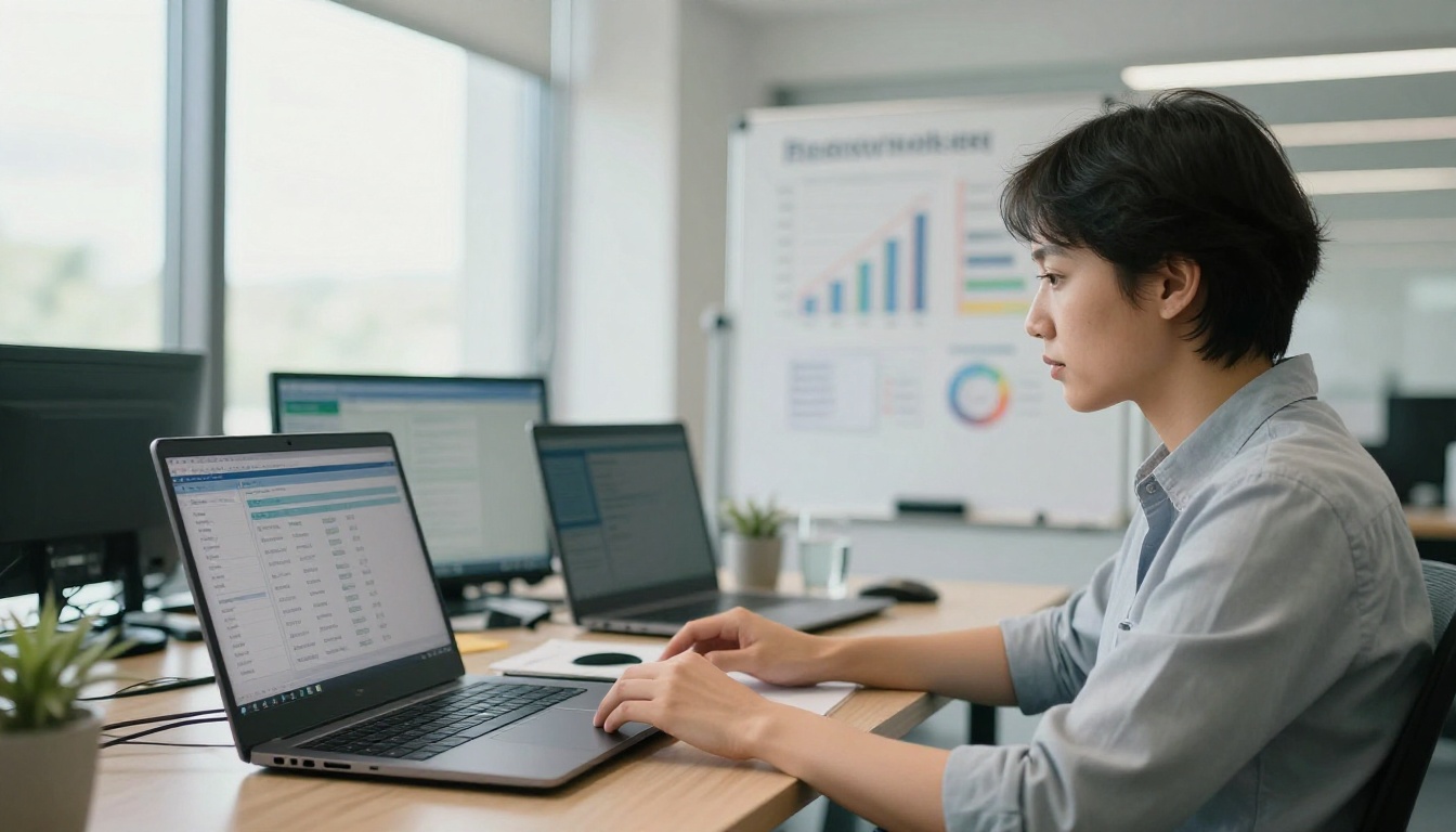 Sales manager reviewing catalog reader statistics on a laptop