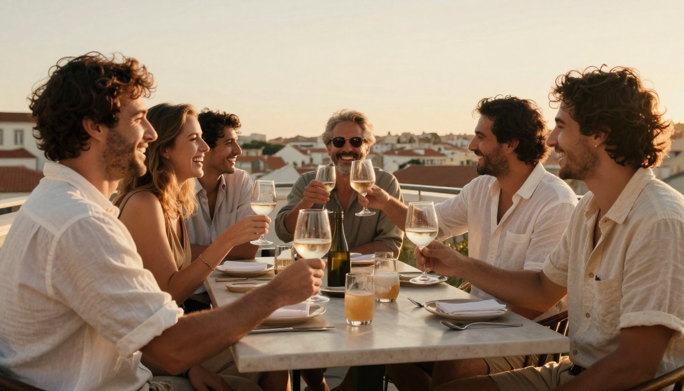 Colleagues laughing together on a hotel rooftop terrace at golden hour