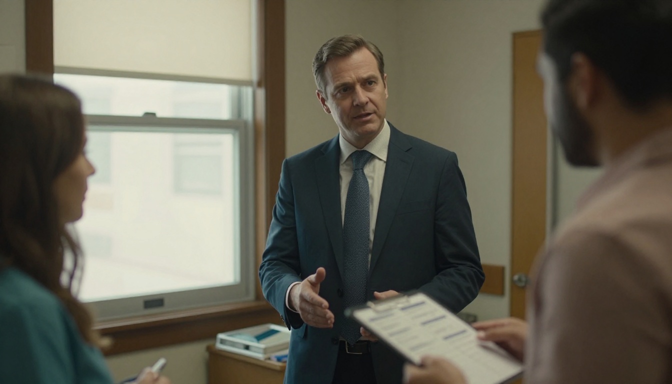 Medical device rep shaking hands with a clinic director in a hallway
