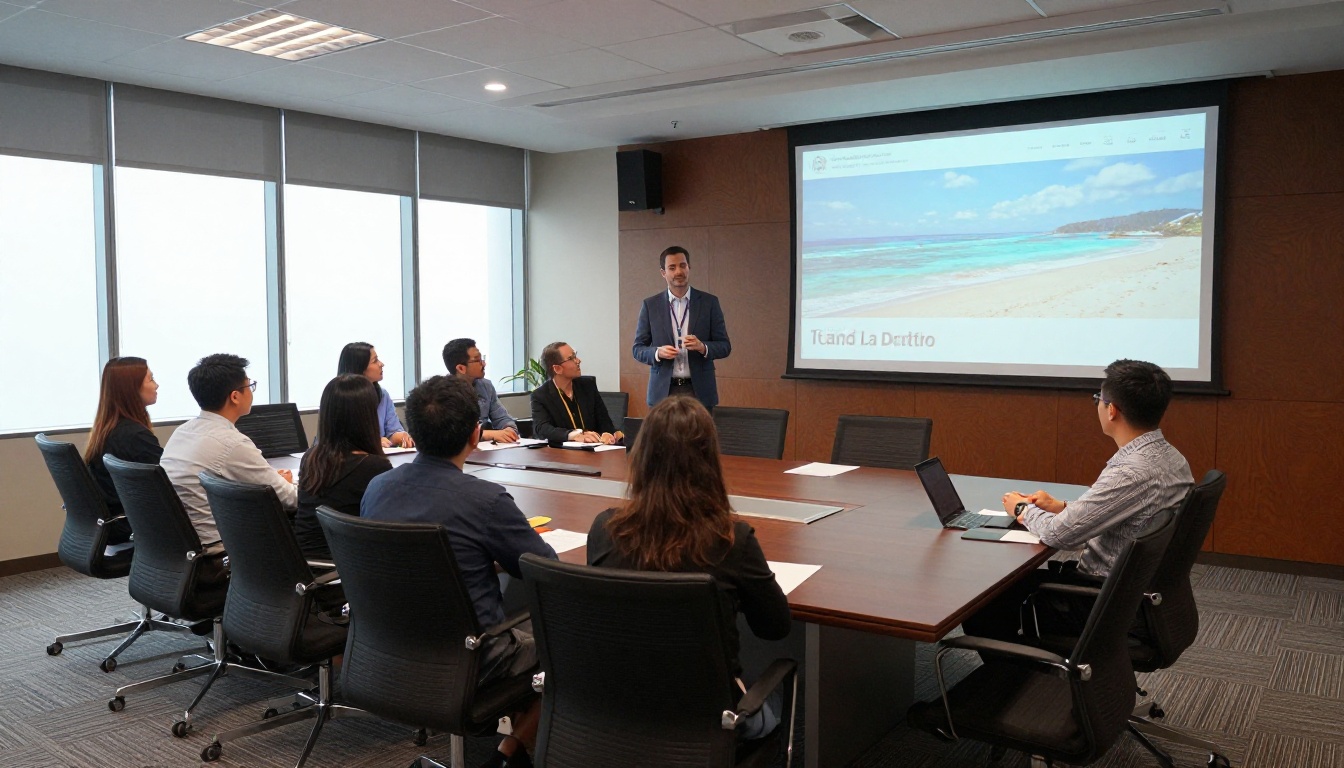 Sales director presenting trip destination slides to a team