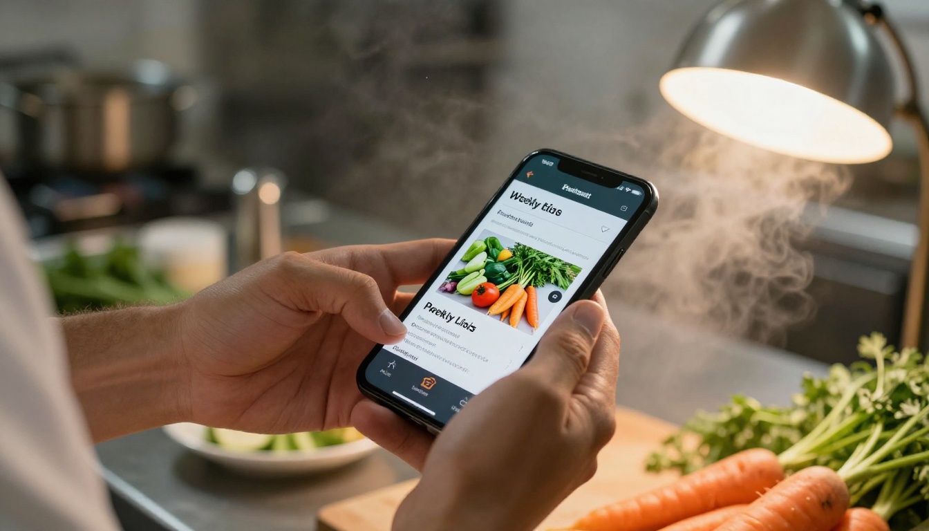 Chef reading a weekly produce list on a phone Chef reading a weekly produce list on a phone
