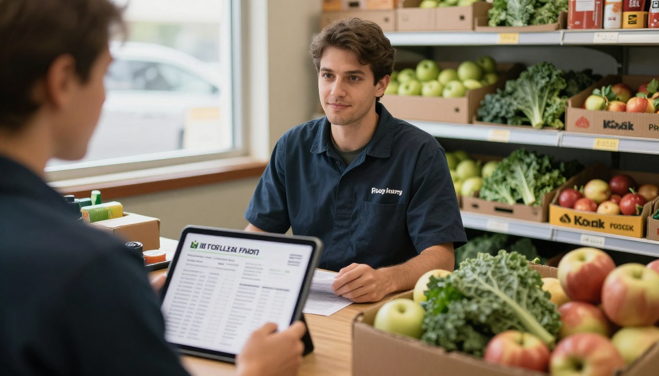 Grocery produce manager reviewing a farm product sheet Grocery produce manager reviewing a farm product sheet