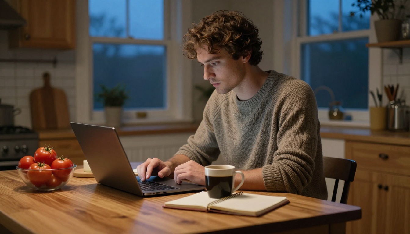 Farmer building a weekly list at a kitchen table on a Sunday evening Farmer building a weekly list at a kitchen table on a Sunday evening