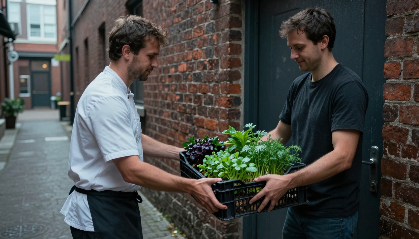 Farmer handing a crate of herbs to a chef at a restaurant back door Farmer handing a crate of herbs to a chef at a restaurant back door
