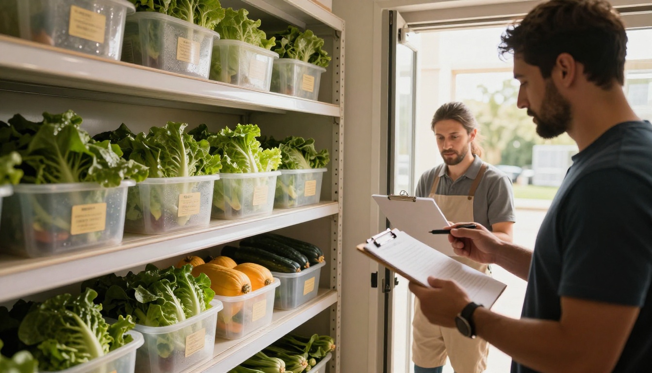 Farmers checking harvest quantities at a cooler room door Farmers checking harvest quantities at a cooler room door