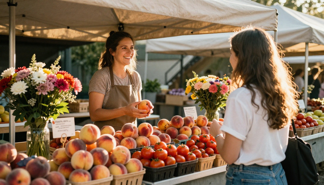 Farm stand at a farmers market at golden hour Farm stand at a farmers market at golden hour