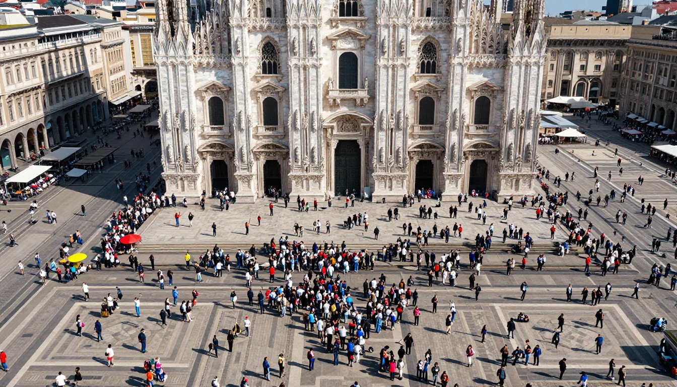 Crowded plaza in front of a grand cathedral seen from above
